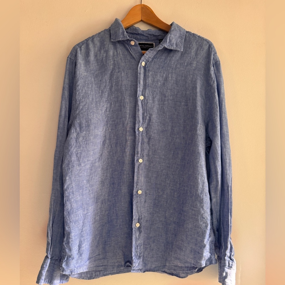 Charles Tyrwhitt 100% Linen Blue Casual Button Down Shirt Lg Slim Fit